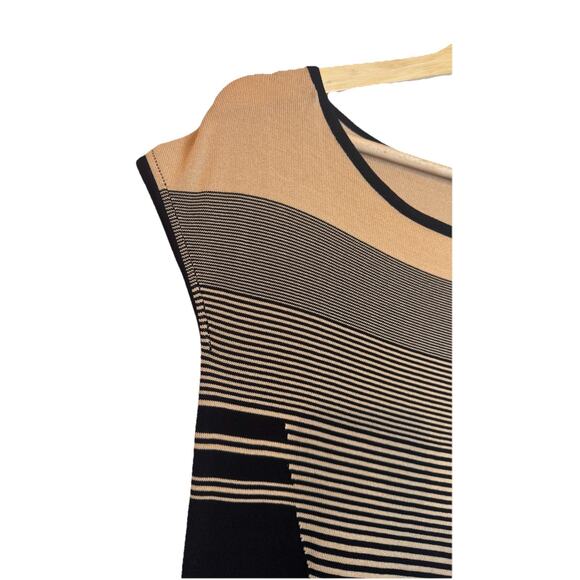 Leon Max Limited Edition Black & Tan Striped Asymmetric Hem Shift Dress Medium - Picture 3 of 8